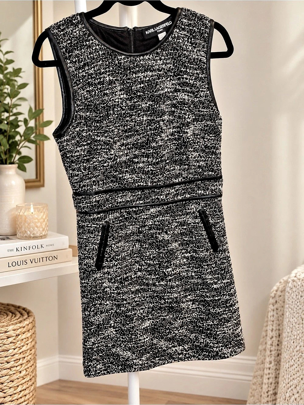 Karl Lagerfeld Paris Faux Leather-Trimmed Tweed Shift Dress Black & White Size 8